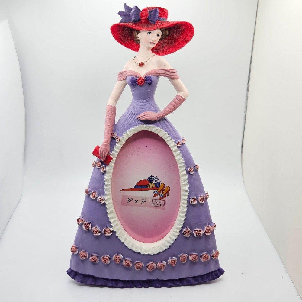 Vintage Red Hat Lady Photo‎ Frame Figurine 3x5 Hand Painted Purple Dress